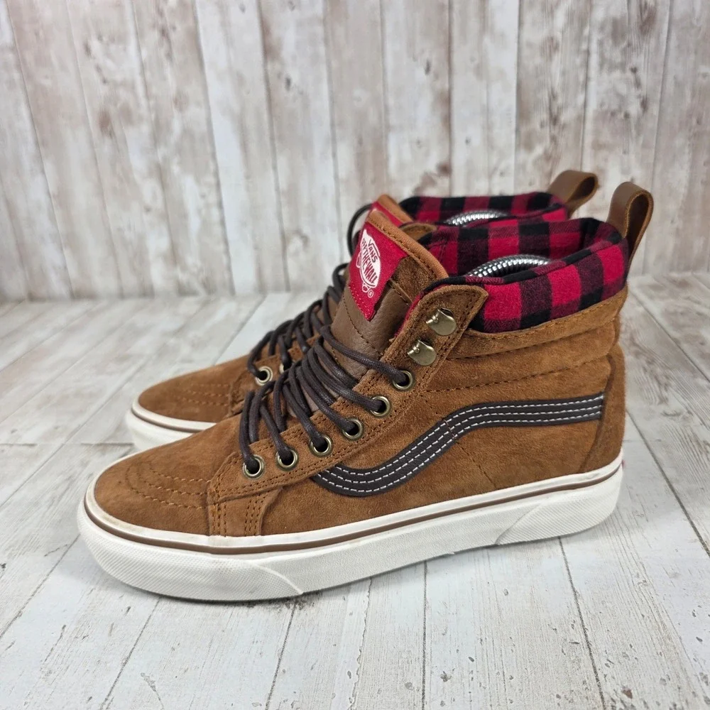 Vans‎ Sk8-Hi MTE Brown Suede Plaid Flannel High Top Sneakers Womens 7 Mens 5.5
